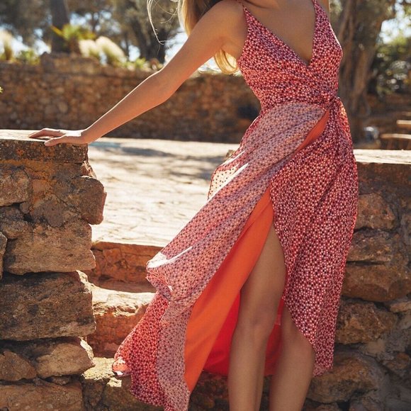 Anthropologie Hutch Flutter Wrap long Dress XS flowy lined orange pink white dot - Picture 9 of 9